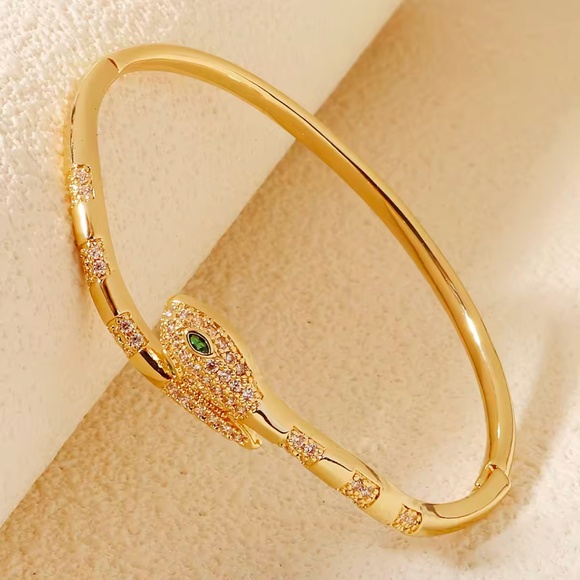 🆕 New 18K Gold Plated CZ Crystal Green Eyes Snake 🐍 Bangles Cuff Bracelets - Picture 4 of 8
